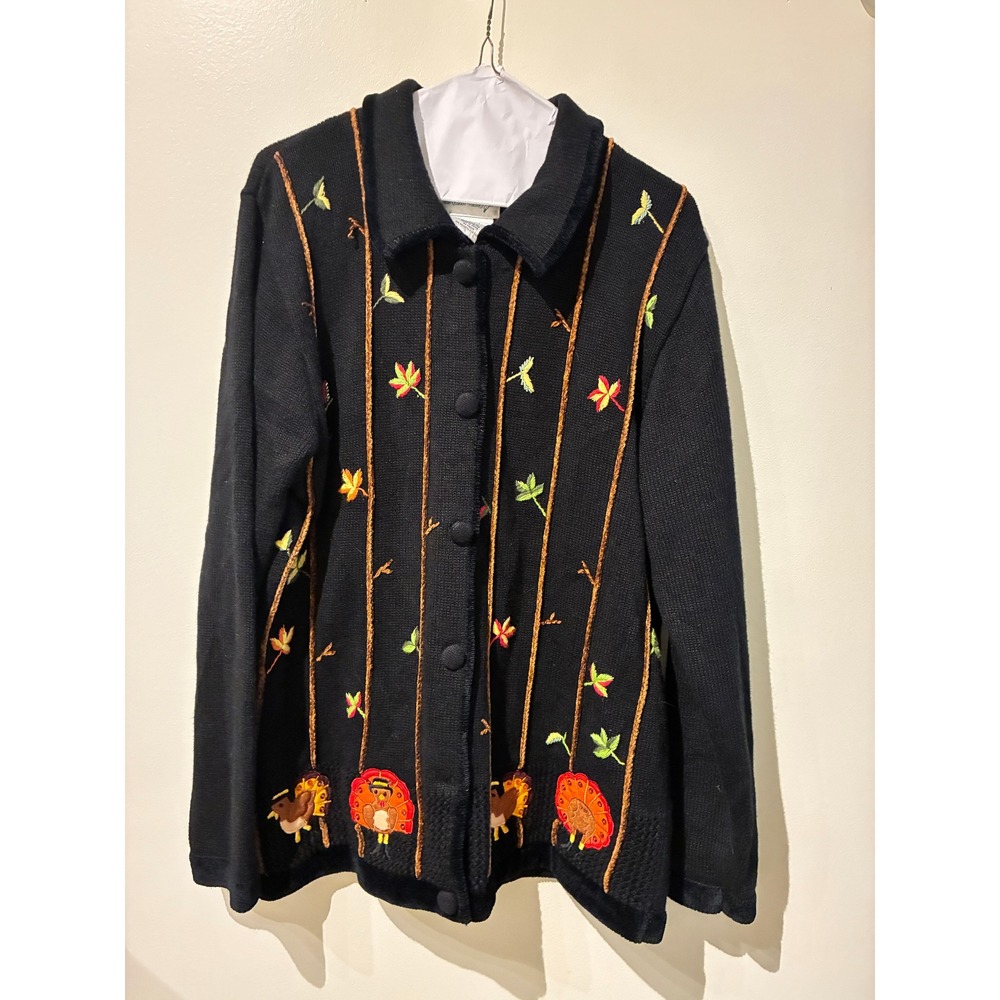 Quacker Factory Thanksgiving Turkey Embroidered Cardigan Sweater Black Medium - Picture 2 of 6